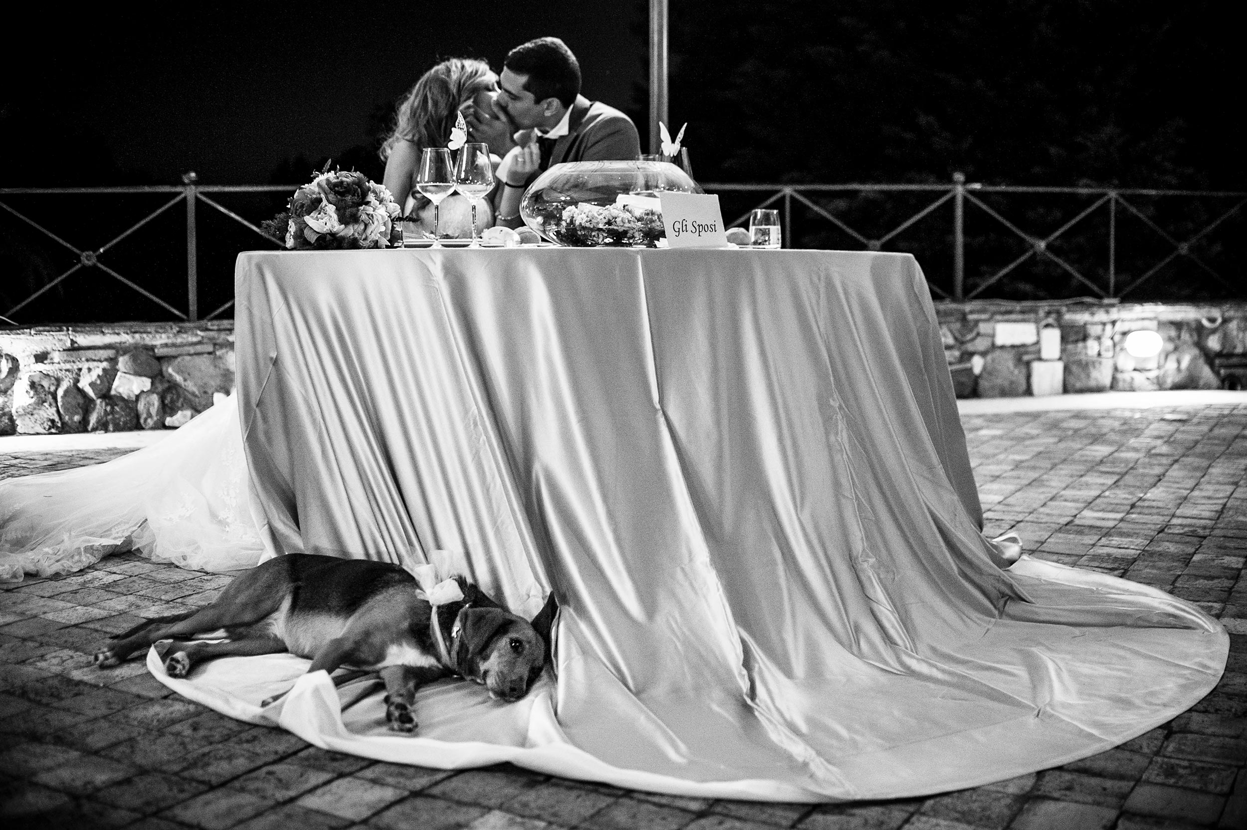 bride and grooms dog rests under nuptial table at reception black and white wedding photography