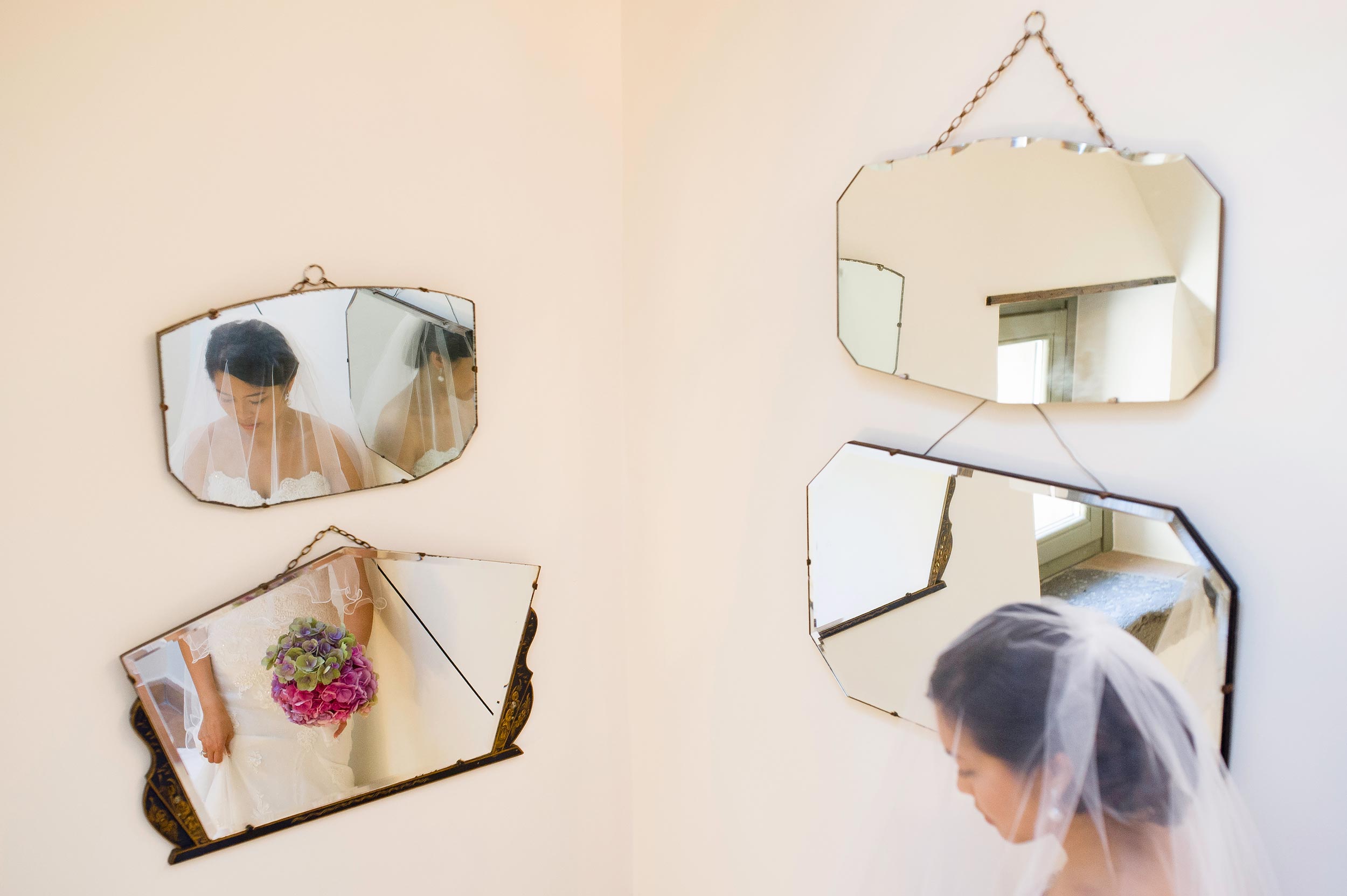 chinese bride reflected in many mirrors after getting ready